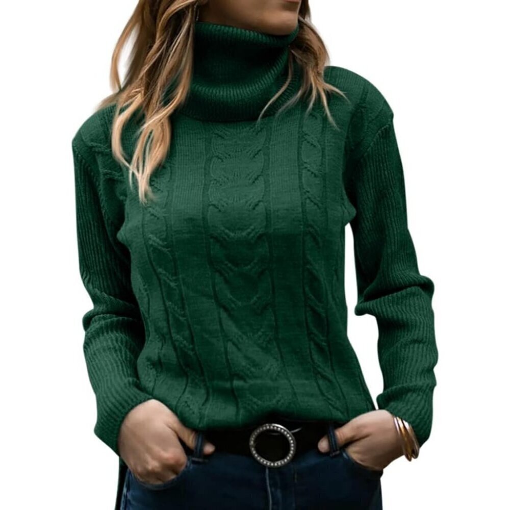 Womens Dark Green Pull On Cable Knit Turtleneck Long Sleeve Casual Warm Sweaters